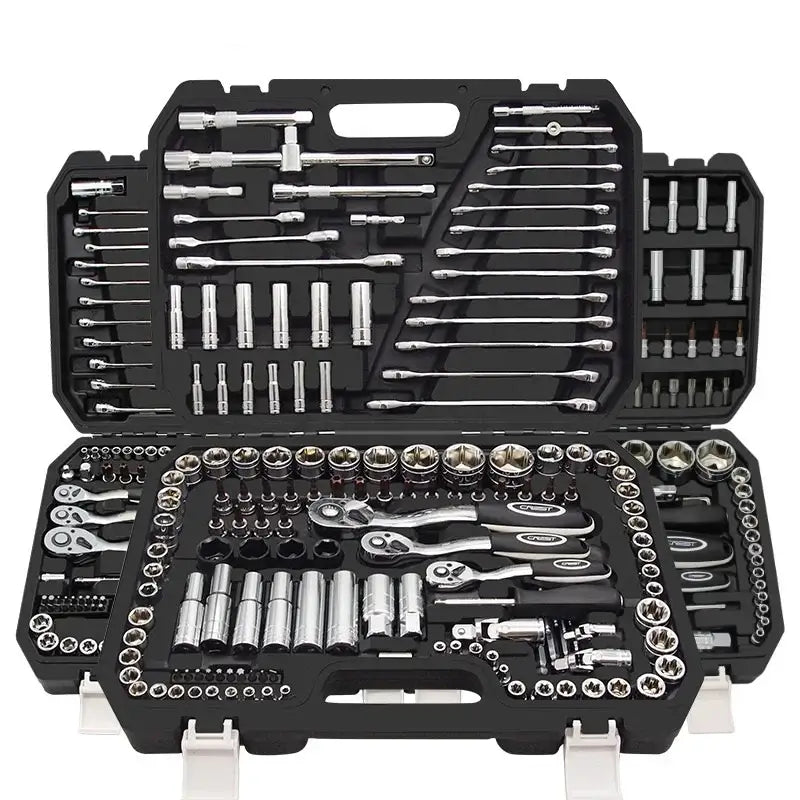 Professional chrome vanadium auto repair tools set in a durable black tool case for home garage use.