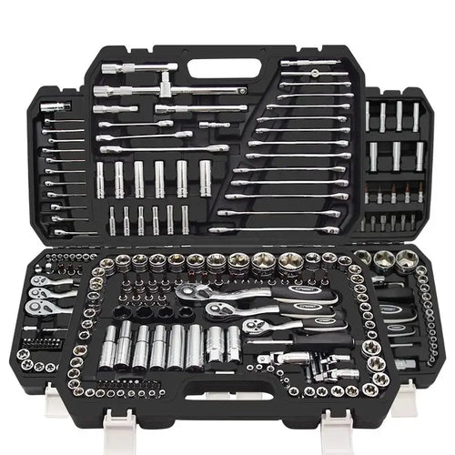 Professional chrome vanadium auto repair tools set in a durable black tool case for home garage use.