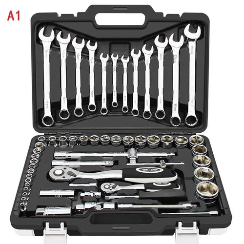 Chrome Vanadium auto repair tool set in aluminum case, includes wrenches and sockets for vehicle maintenance.