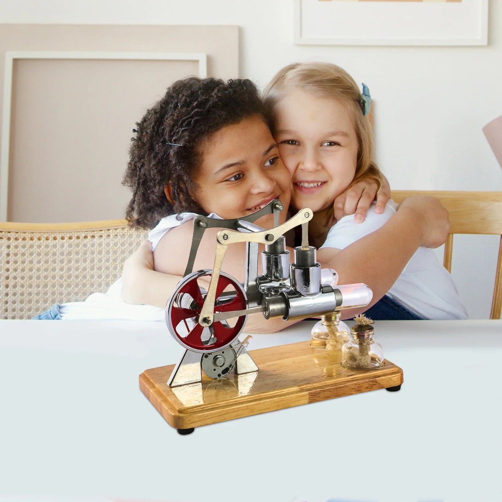 Stirling Engine Model Hot Air Motor Model Physics Twin-engine Generator Model with LED Light Flywheel Science Experiment Toy